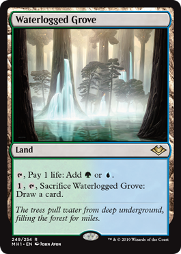 Waterlogged Grove
 {T}, Pay 1 life: Add {G} or {U}.
{1}, {T}, Sacrifice Waterlogged Grove: Draw a card.